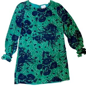 Aryn K Silk Dress Size M Green Navy Floral Dot Print  lattice zip cuff
A207